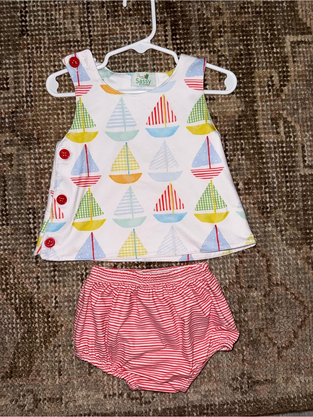 Sassy Sailboat Print Baby Top & Red Striped Bloomers